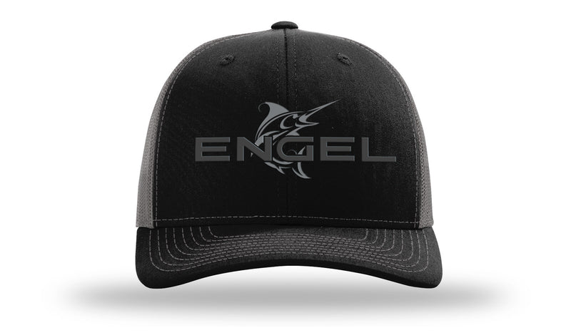 A black Engel Black & Charcoal 112 Trucker Cap by Richardson® with the word "Engel" embroidered on it, featuring a snapback closure.