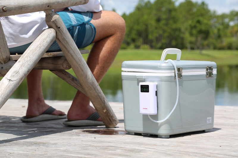 A Engel Coolers 7.5Qt Live bait Pro Cooler on a wood deck with stainless steel hardware.