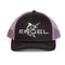 A black and purple Richardson Engel Black & Charcoal 112 Trucker Cap with the Engel Embroidered Sailfish logo on it.