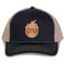 A black and tan Engel Columbia Navy & Khaki 112 Trucker Cap by Richardson® with a logo on it.