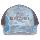 A blue and grey Engel Saltwater Camo & Charcoal 112 Trucker Cap by Richardson® with an Engel Sailfish Logo.