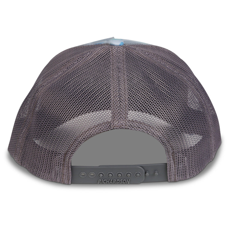 The back of a grey and blue mesh Richardson Saltwater Camo & Charcoal 112 Trucker Cap featuring the Engel Sailfish Logo.