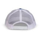 A white Engel Columbia Blue & White 112 Trucker Cap by Richardson® with a blue and white breathable mesh back.