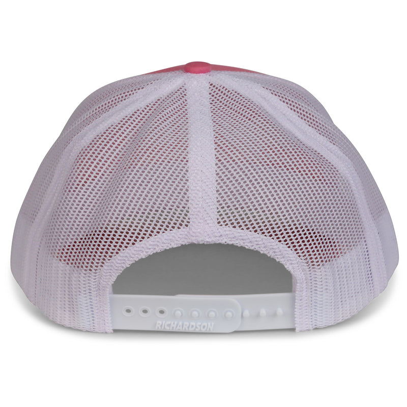 A white and pink Engel Columbia Hot Pink & White 112 Trucker Cap by Richardson® with a snapback closure.