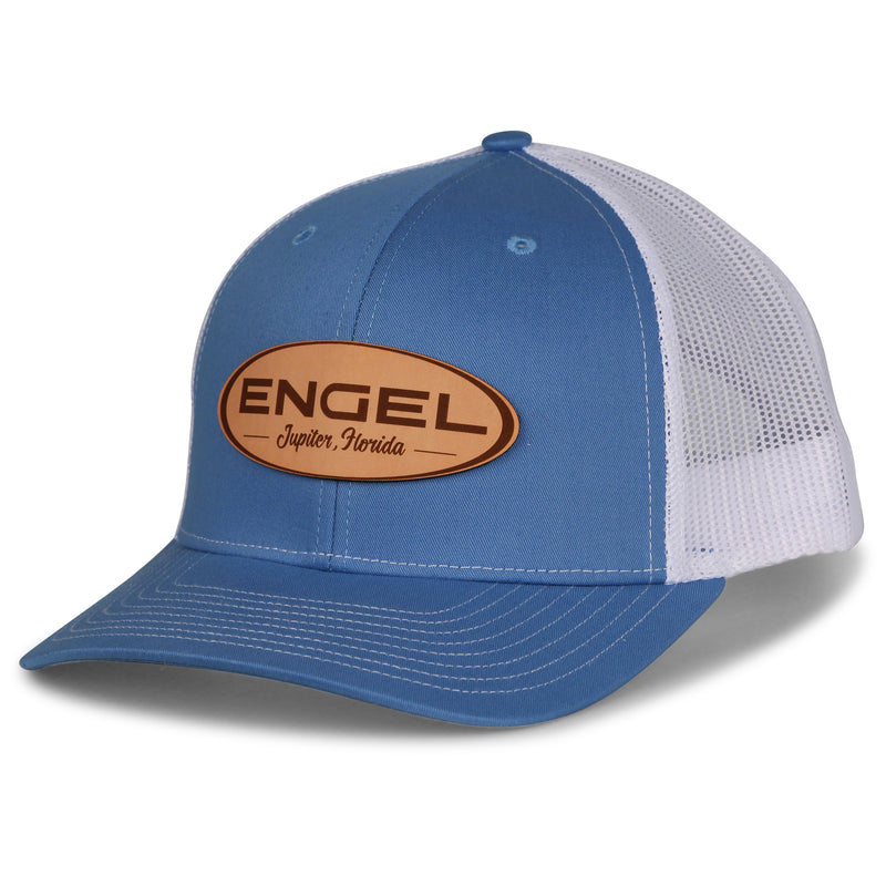 A blue and white Engel Columbia Blue & White 112 Trucker Cap by Richardson® with breathable mesh.