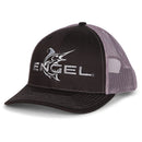 A black Engel Black & Charcoal 112 Trucker Cap by Richardson® with a snapback closure featuring the Engel Embroidered Sailfish logo on it.
