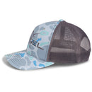 A gray and blue Engel Saltwater Camo & Charcoal 112 Trucker Cap by Richardson® with a camouflage pattern and Engel Sailfish Logo, perfect for fishermen.