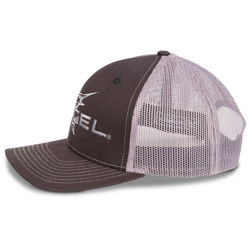 A grey and white Richardson snapback closure hat with the word "angel" on it.