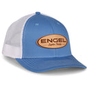 A blue and white Engel Columbia Blue & White 112 Trucker Cap by Richardson® with a brown Engel Leather Patch.