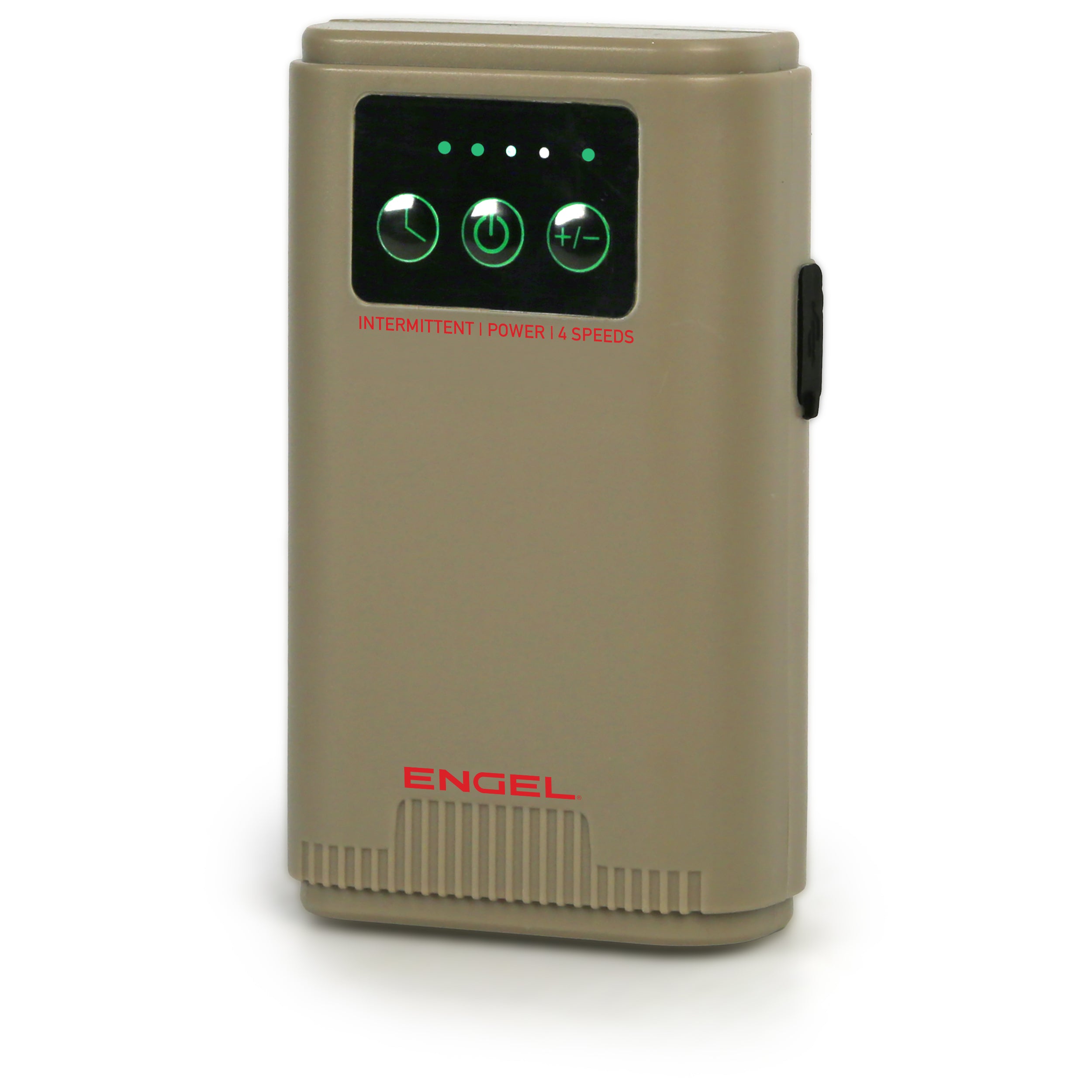 The Engel Coolers Lithium-ion Rechargeable Live Bait Aerator Pump is a beige rectangular device with a black screen showing four green icons, "ENGEL" in red beneath, and offers a quiet air pump for effective aeration of live bait.