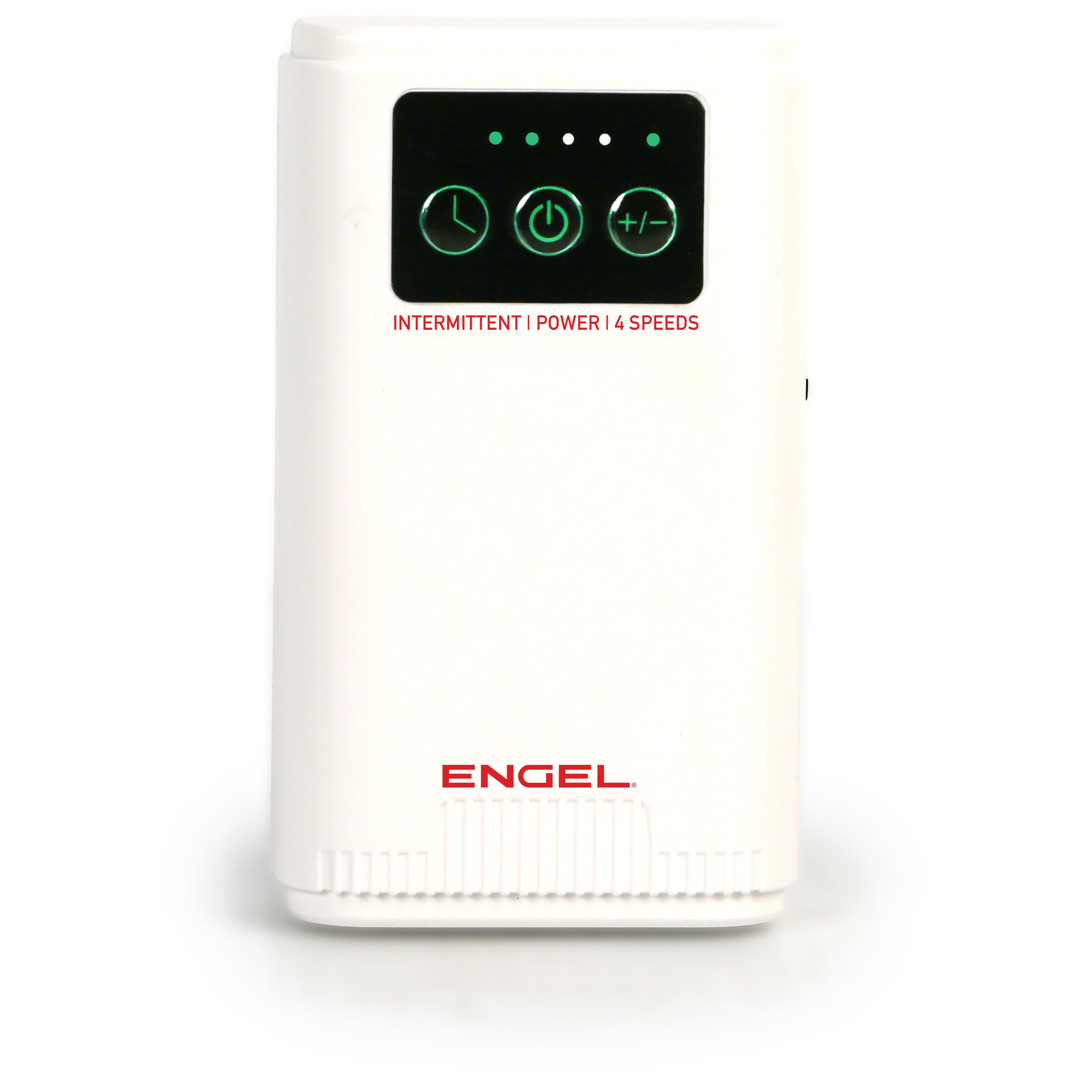 The Engel Extra Large Lithium-ion Rechargeable Live Bait Aerator Pump by Engel Coolers is a white device with a black display showing four green icons, labeled "INTERMITTENT | POWER | 4 SPEEDS" and features a red "ENGEL" logo near the base.