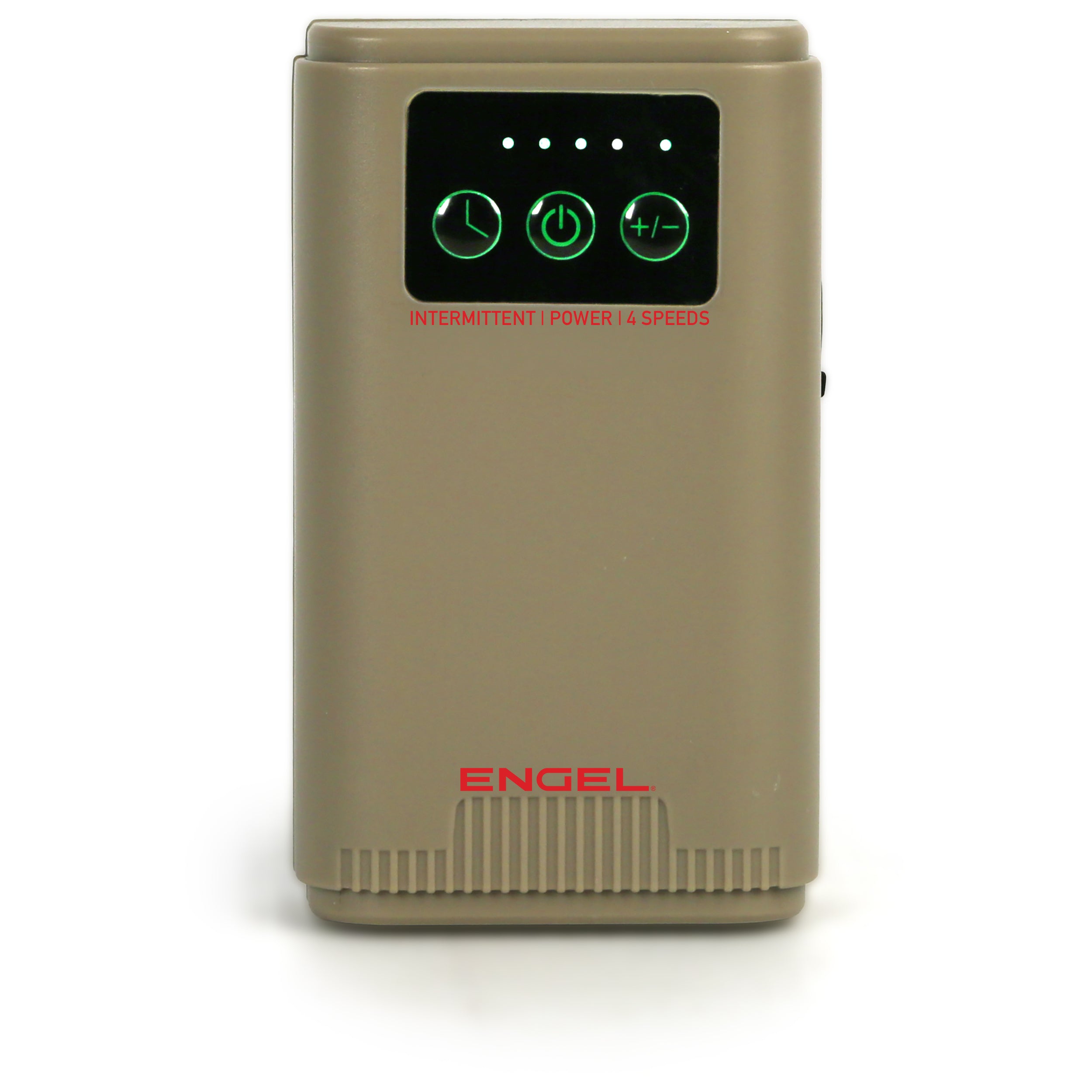 The Engel Extra Large Lithium-ion Rechargeable Live Bait Aerator Pump by Engel Coolers is a beige rectangular device with a black display and green icons, featuring the red “ENGEL” logo, designed to aerate live bait with a powerful lithium-ion battery.