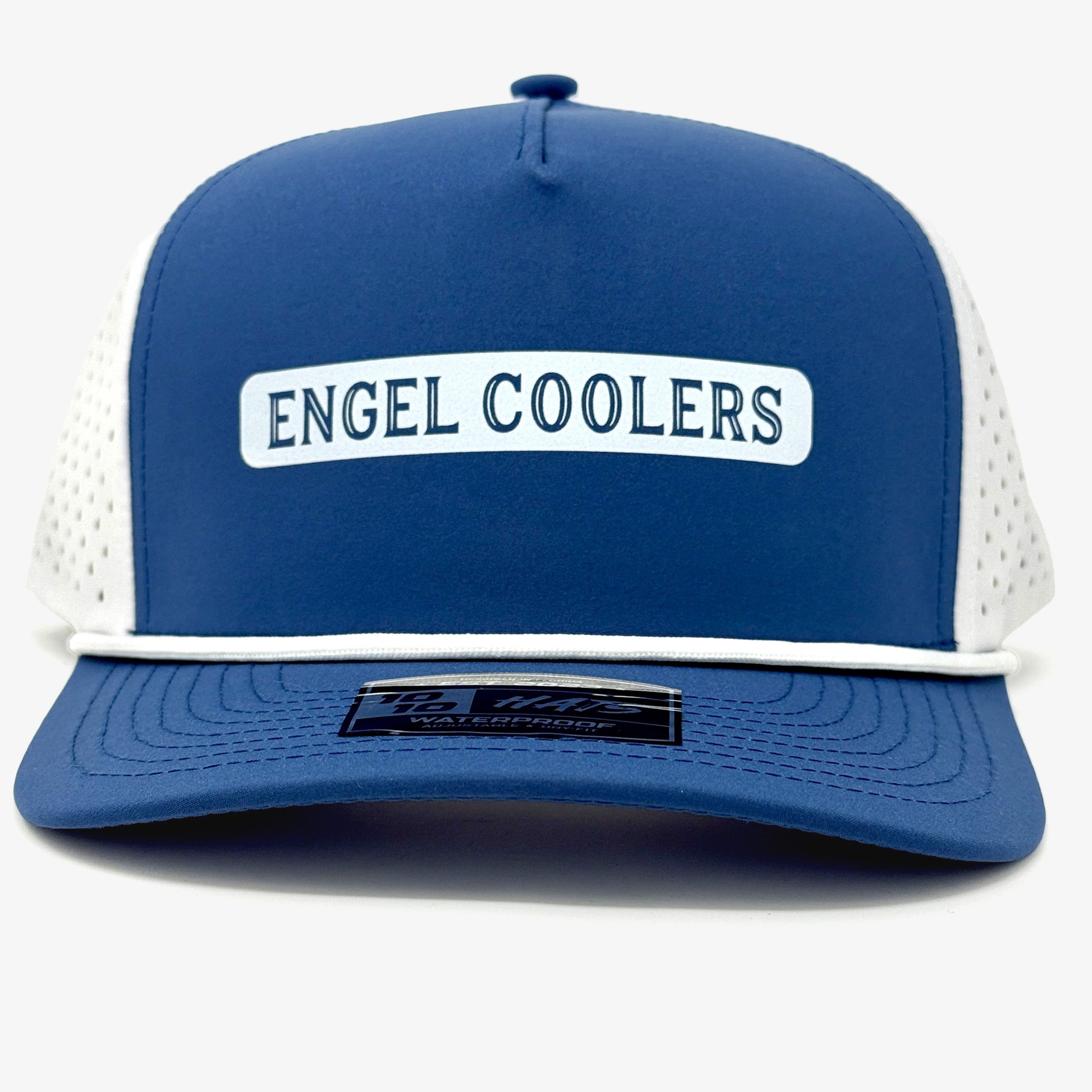 The Engel 1010 Performance Trucker Cap by Engel Coolers features a blue design with a white logo, flat brim, and lightweight, moisture-wicking mesh for all-day comfort.