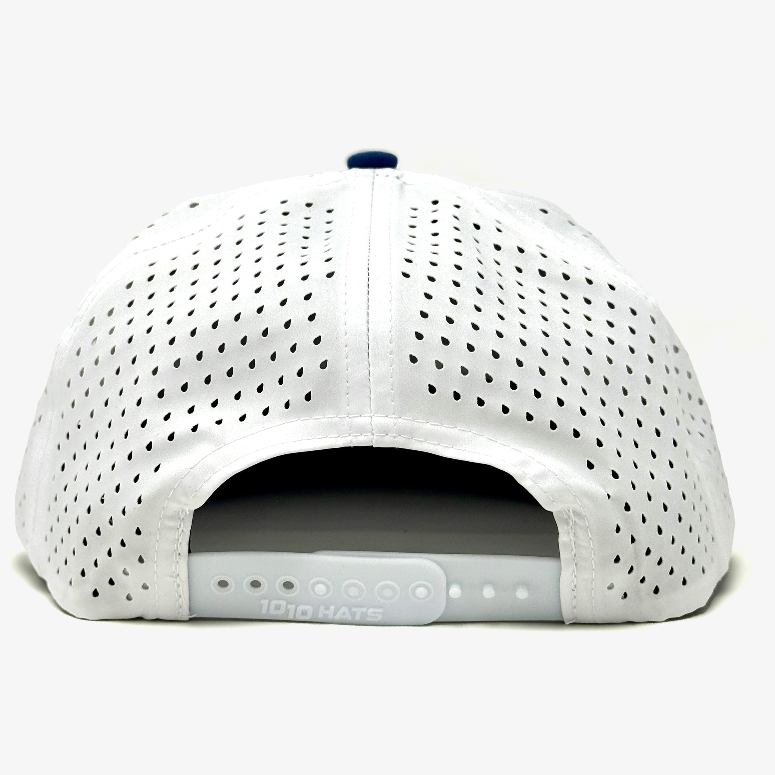 Back view of the Engel 1010 Performance Trucker Cap by Engel Coolers, blue with a white logo. This lightweight, moisture-wicking mesh hat features an adjustable plastic strap for breathable, all-day comfort.