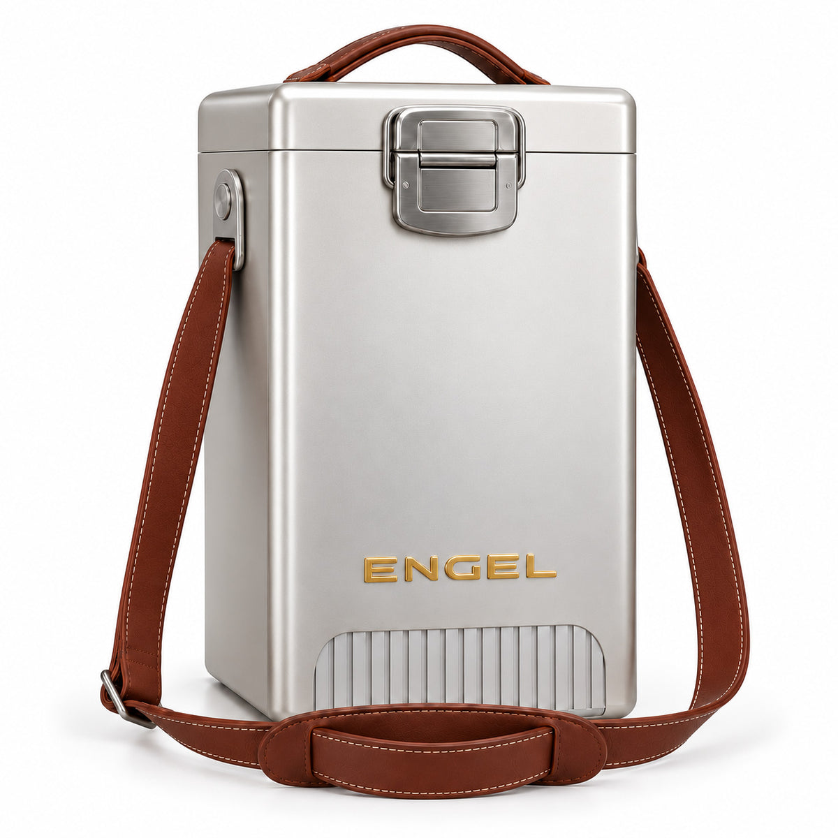 The Engel Reserve Premium Wine Cooler is a tall, silver insulated cooler with a brown leather strap, carrying handle, latch, and gold “ENGEL” branding on the front.