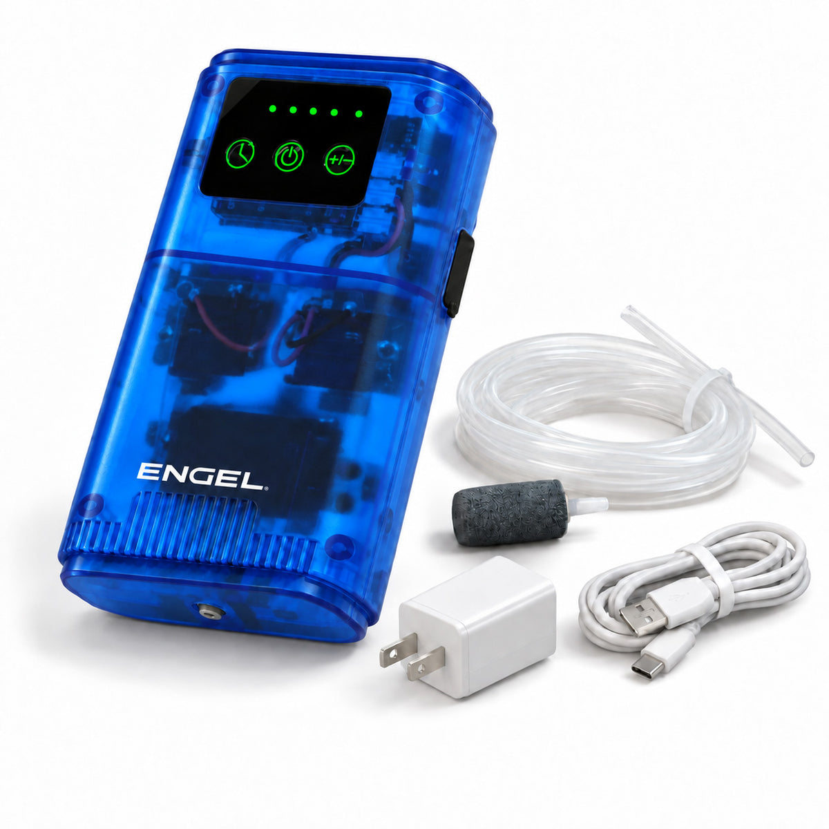 Blue translucent Engel Lithium-ion Rechargeable Live Bait Aerator Pump with an air hose, an air stone, a USB charging cable, and a wall adapter.
