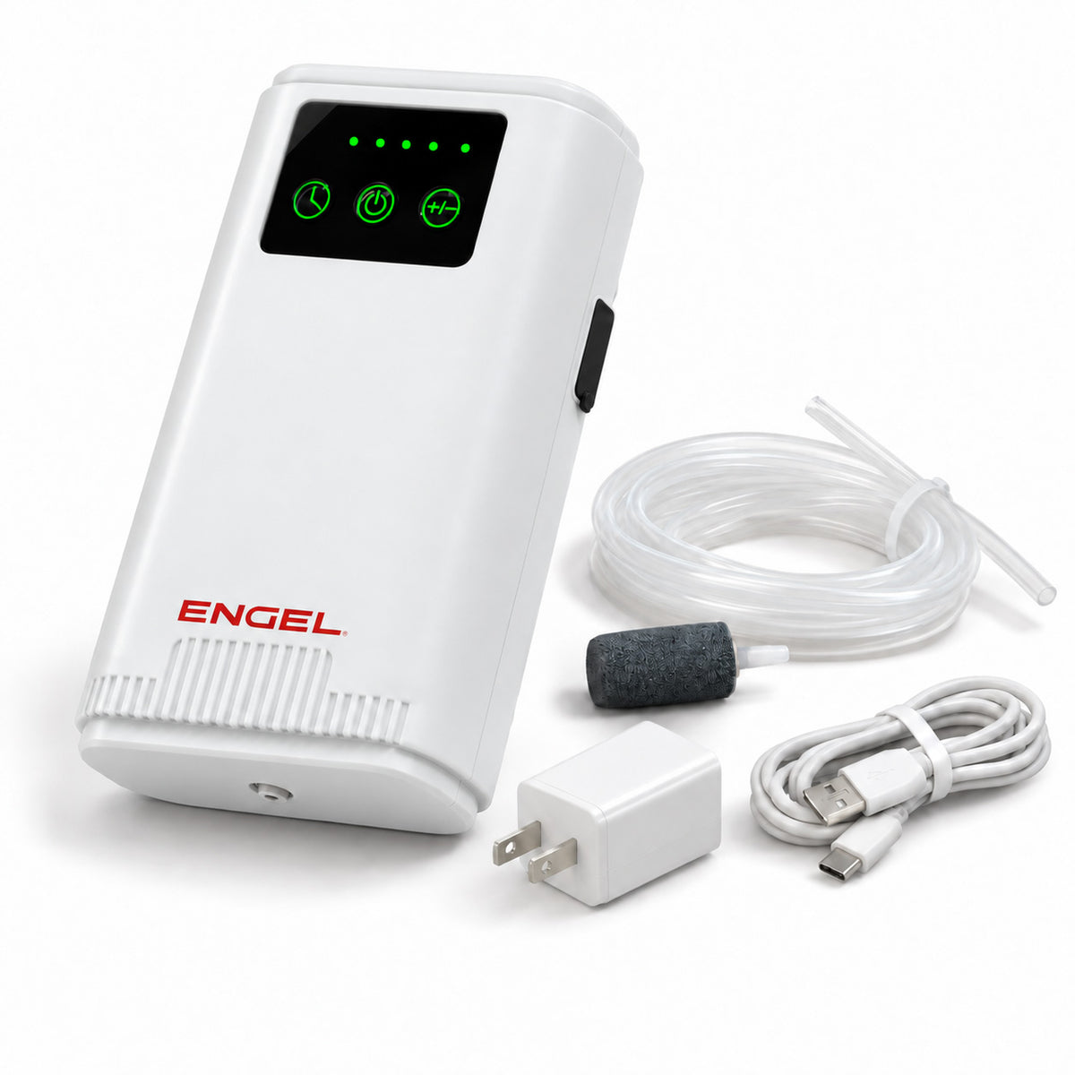 Engel Lithium-ion Rechargeable Live Bait Aerator Pump with a battery indicator, air hose, air stone, power adapter, and USB charging cable for a quiet bait pump experience.
