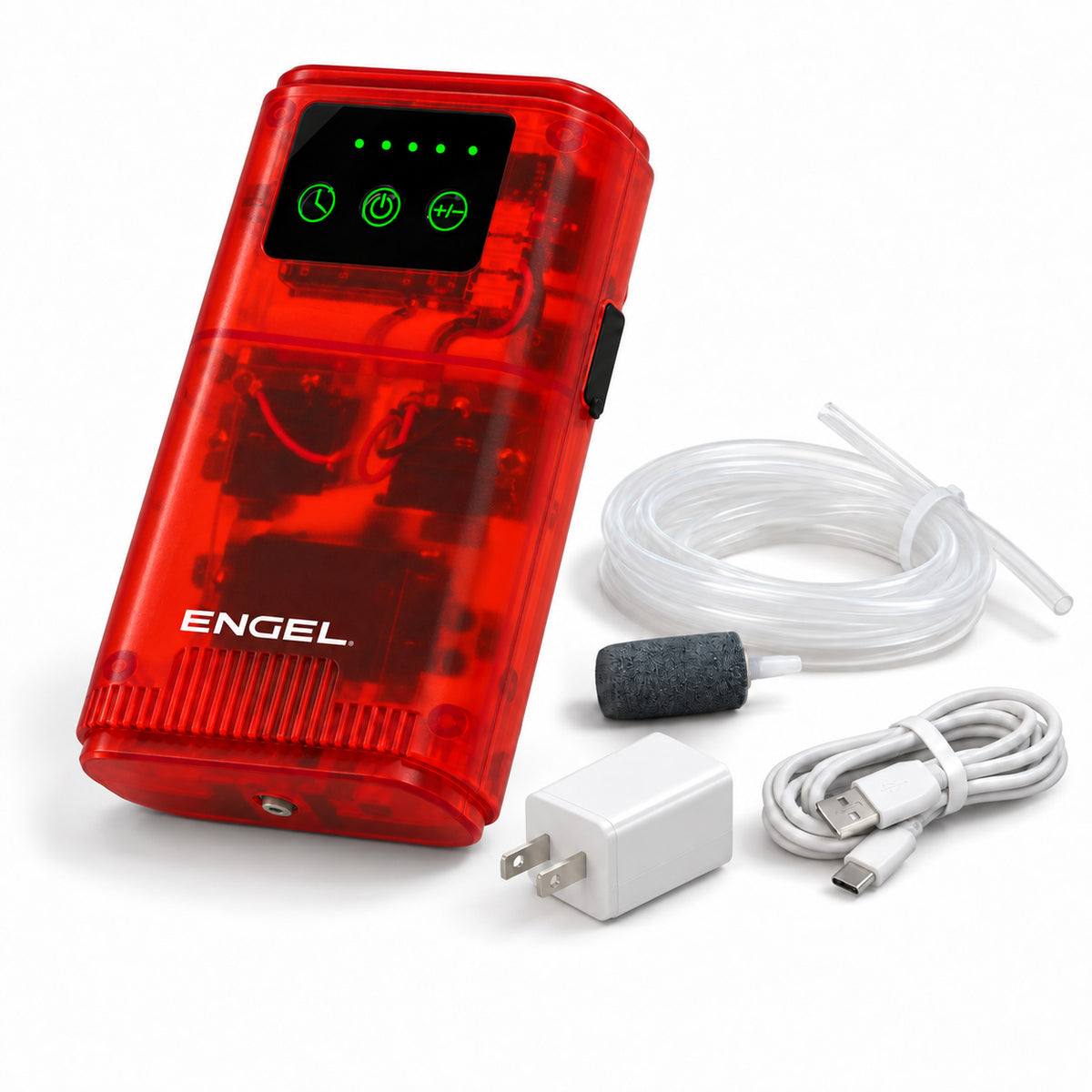 Red translucent Engel Lithium-ion Rechargeable Live Bait Aerator with a digital display, air tube, air stone, USB cable, and wall adapter.