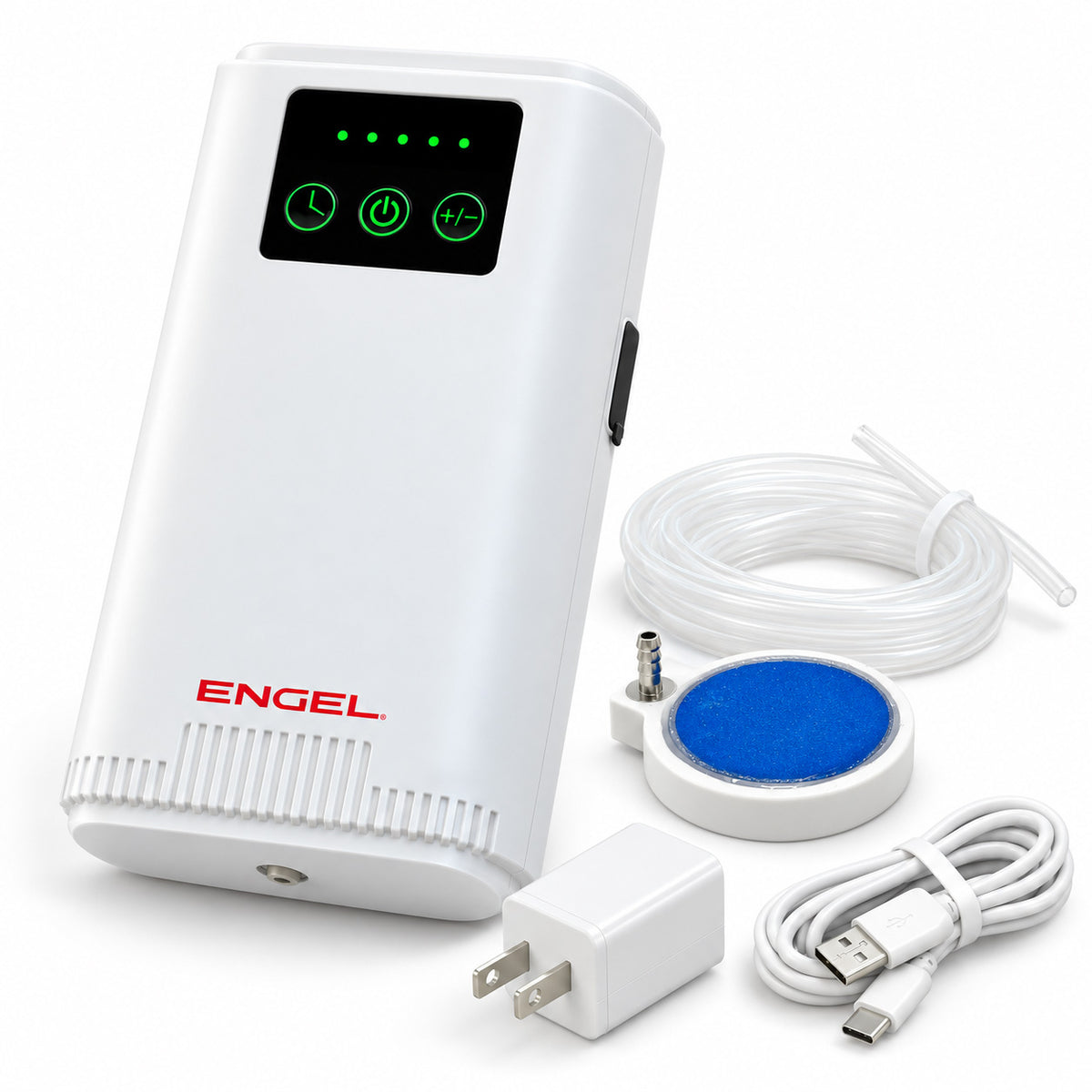 Engel Extra Large Lithium-ion Rechargeable Live Bait Aerator Pump with a digital display, air hose, circular air stone, and USB charging cable with a wall adapter.