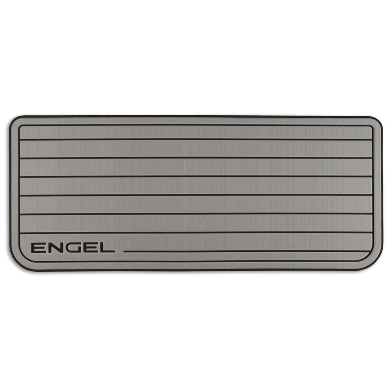 A gray Engel Coolers SeaDek Grey Teak Pattern Non-Slip Marine Cooler Topper with the word engel on it, designed for marine environments.