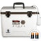 A white Engel Coolers 19 Quart Live Bait Drybox/Cooler with a black handle.