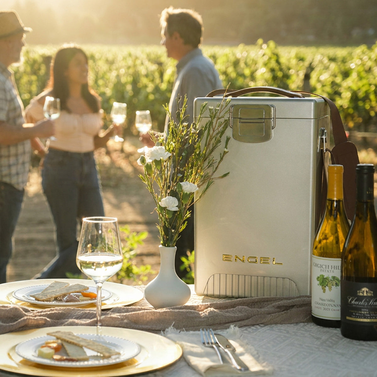 An Engel Reserve Premium Wine Cooler sits on a table with wine glasses and snacks, set against a background of people socializing in a vineyard.