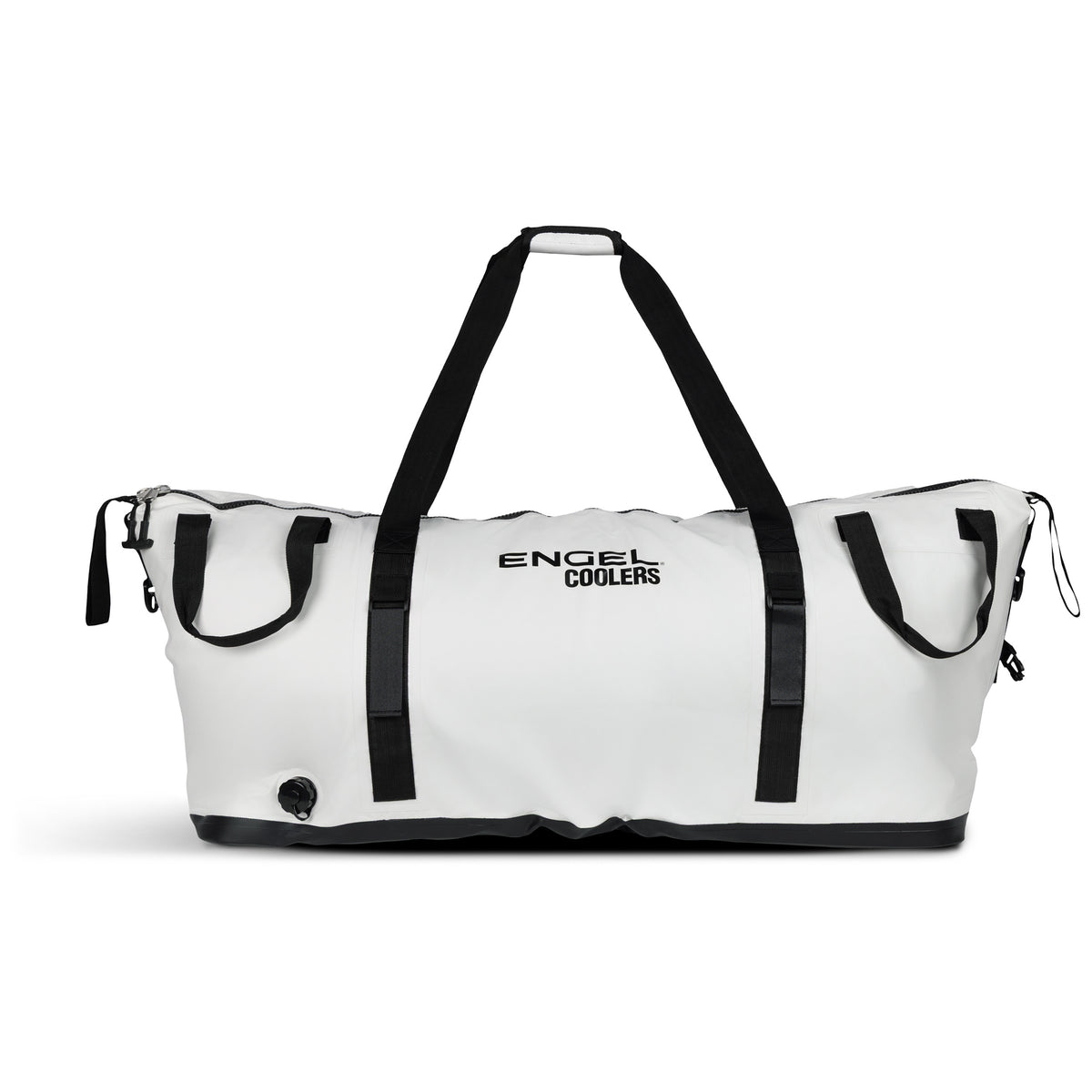 Engel Insulated Kill / Fish Bag with a white rectangular design, reflective foil liner, black straps, zippers, and a drain plug.