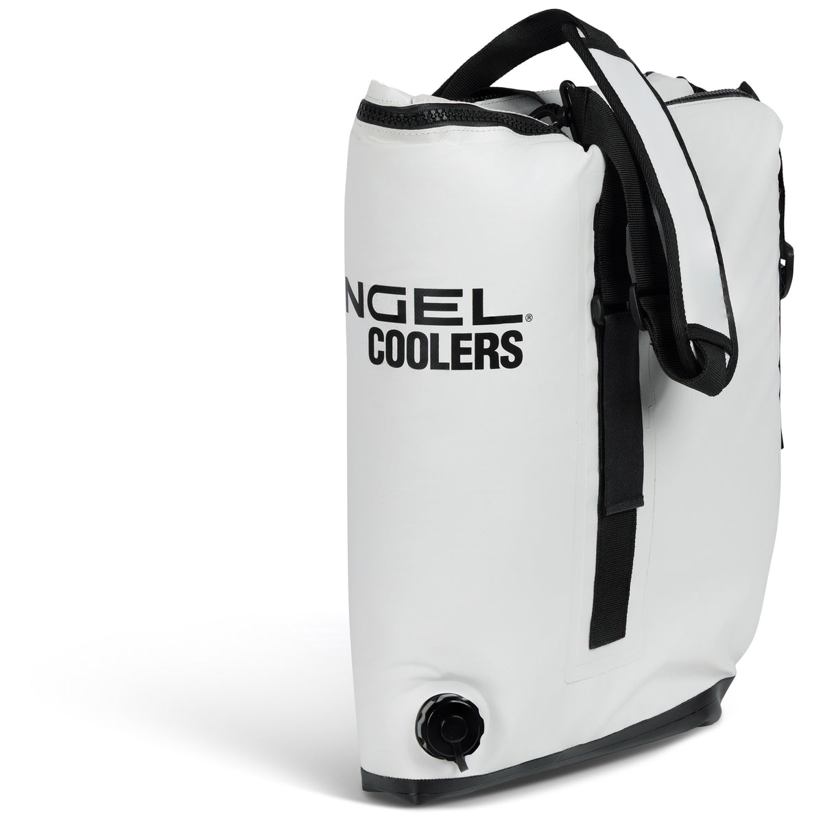 Engel Insulated Kill / Fish Bag with Reflective Foil Liner in white with black trim, shoulder strap, drainage valve, and reflective foil interior.