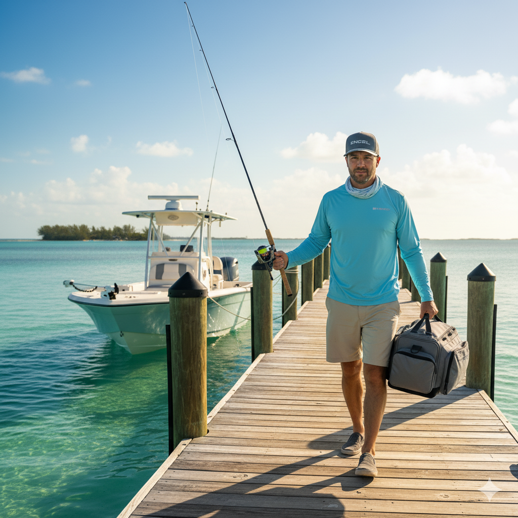 A man in a blue shirt and Engel Coolers’ grey 1010 Performance Trucker Cap with white logo walks on a dock with a fishing rod and tackle bag, a motorboat moored in clear turquoise water behind him.