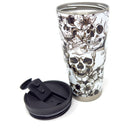 A stainless steel, vacuum-insulated Engel White Skull 22oz Halloween Tumbler with a lid by Engel Coolers.
