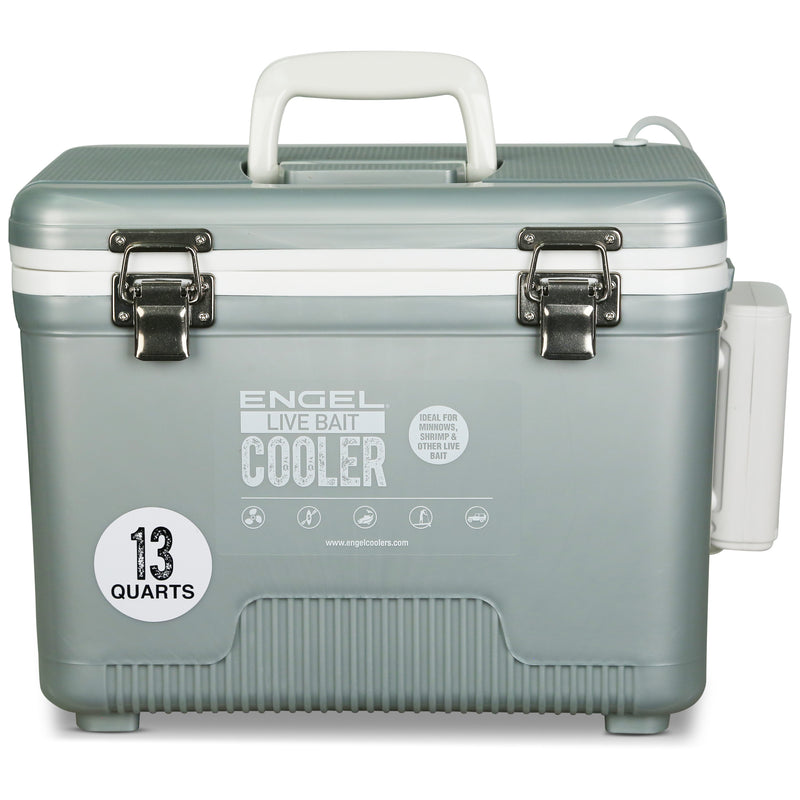 A grey Engel Coolers 13Qt Live bait Pro Cooler with AP3 Rechargeable Aerator & Stainless Hardware, designed as a bait storage system.