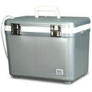 A grey Engel Coolers 13Qt Live bait Pro Cooler with AP3 Rechargeable Aerator & Stainless Hardware with a handle on it.