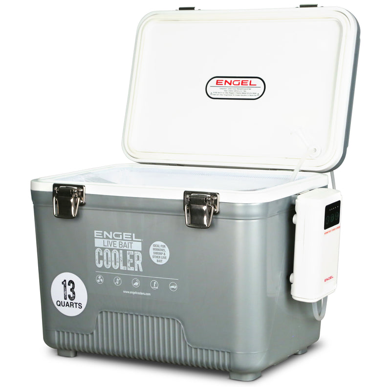 A grey cooler with a lid on it, featuring a Engel 13Qt Live bait Pro Cooler with AP3 Rechargeable Aerator & Stainless Hardware for live bait.