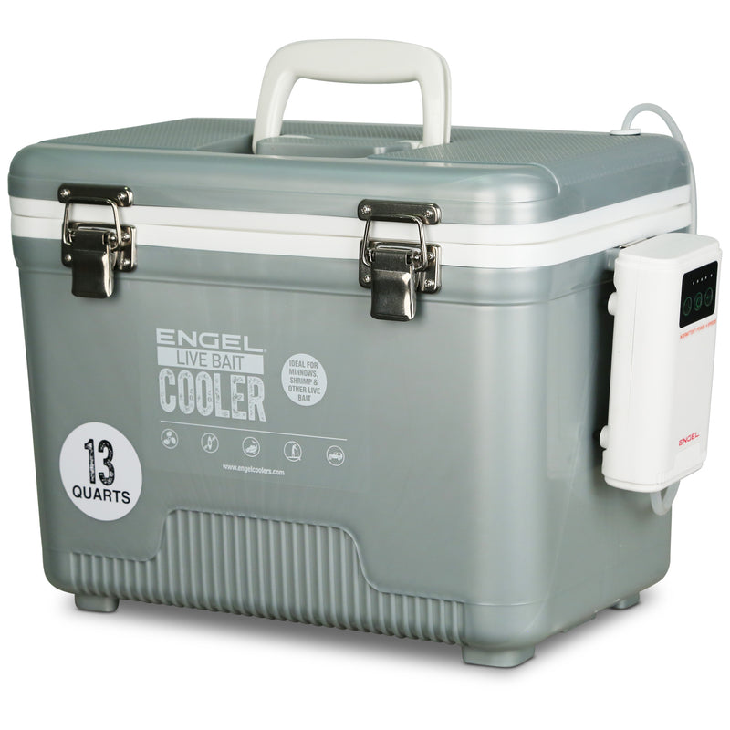 A gray Engel 13Qt Live bait Pro Cooler with a lid, a handle, and an AP3 Rechargeable Aerator for live bait.