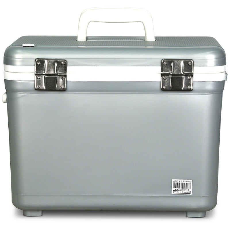 A grey Engel Coolers 13Qt Live bait Pro Cooler with AP3 Rechargeable Aerator & Stainless Hardware on a white background.