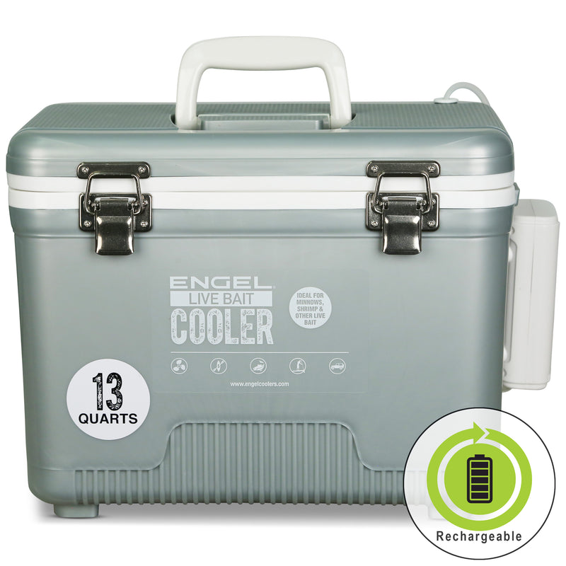 A grey Engel Coolers 13Qt Live bait Pro Cooler with AP3 Rechargeable Aerator & Stainless Hardware on it.