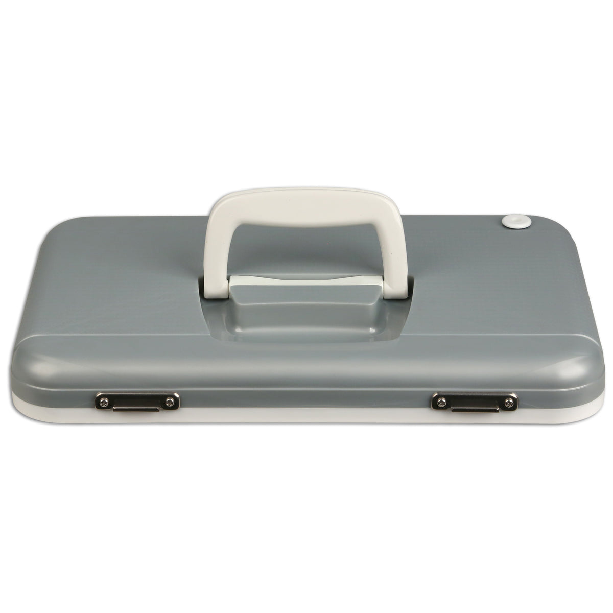 A closed, rectangular Engel Coolers Live Bait Drybox/Cooler Lids in gray and white, featuring a central handle and two front metal latches.
