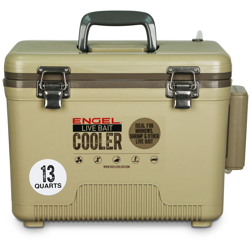 A Engel Coolers 13Qt Live bait Pro Cooler with AP3 Rechargeable Aerator & Stainless Hardware with a handle on it.