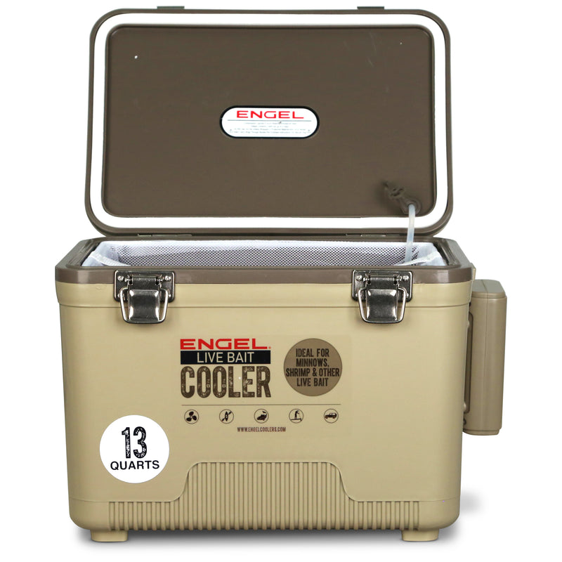 A Engel Coolers 13Qt Live bait Pro Cooler with AP3 Rechargeable Aerator & Stainless Hardware on a white background.
