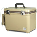 A tan Engel 13Qt Live bait Pro Cooler with AP3 Rechargeable Aerator & Stainless Hardware with a handle on it.