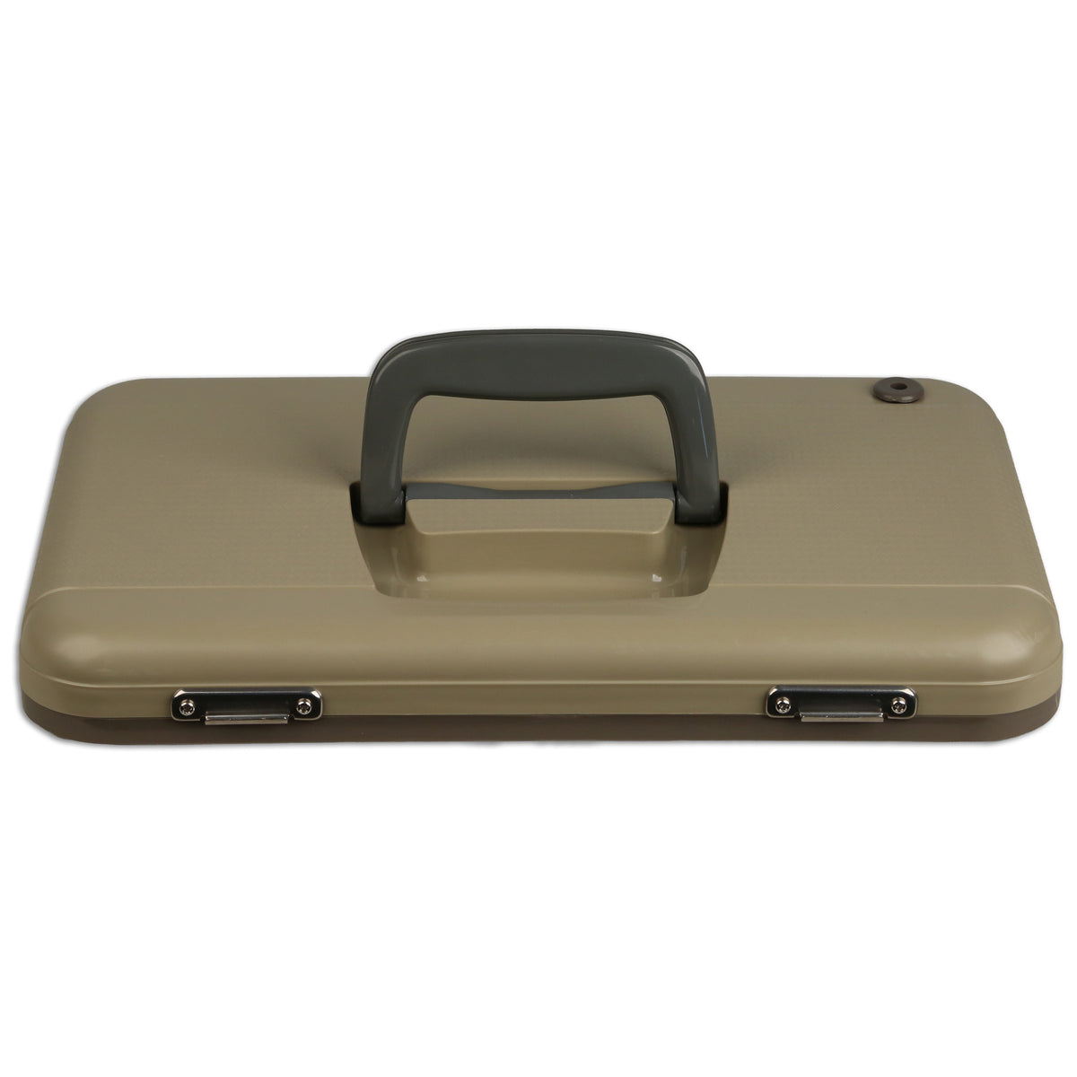A closed, rectangular Engel Coolers Live Bait Drybox/Cooler with beige body, gray handle, and metal latches is shown on a white background.
