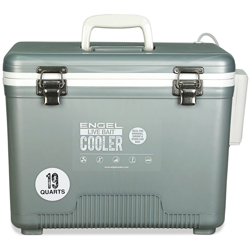 A gray Engel Coolers 19Qt Live bait Pro cooler with a handle on it, featuring a rechargeable aerator for the bait storage system.