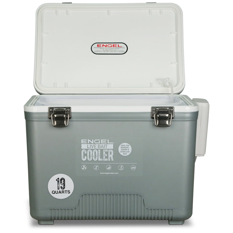 A cooler with the lid open on a white background, featuring the Engel 19Qt Live bait Pro Cooler with AP3 Rechargeable Aerator & Stainless Hardware by Engel Coolers as its rechargeable aerator bait storage system.