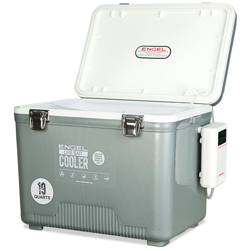 A gray Engel Coolers 19Qt Live Bait Pro cooler with a lid on it.