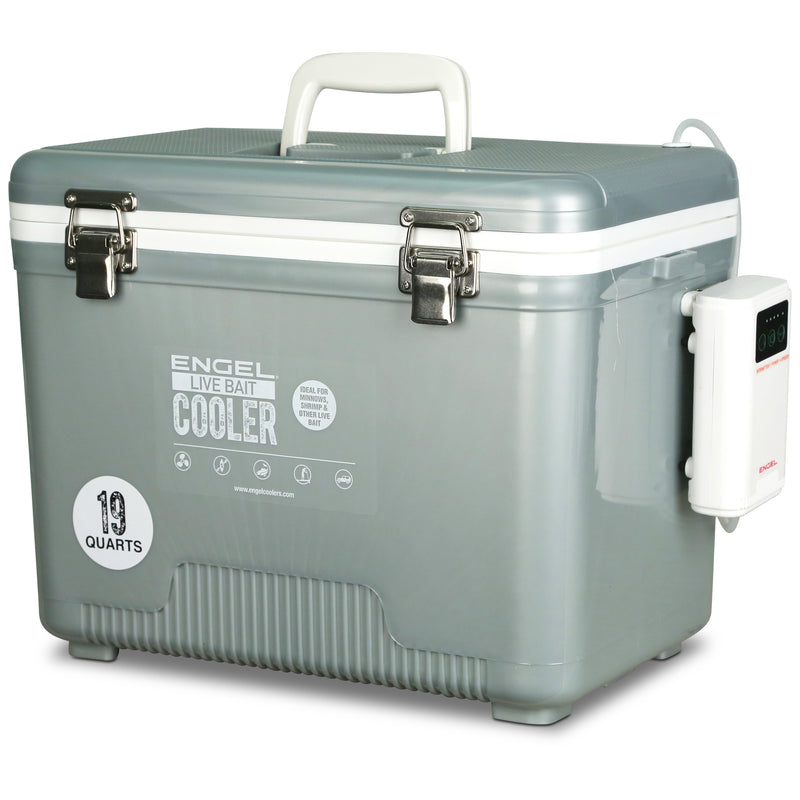 A grey Engel Coolers 19Qt Live bait Pro Cooler with AP3 Rechargeable Aerator & Stainless Hardware with a lid on it.