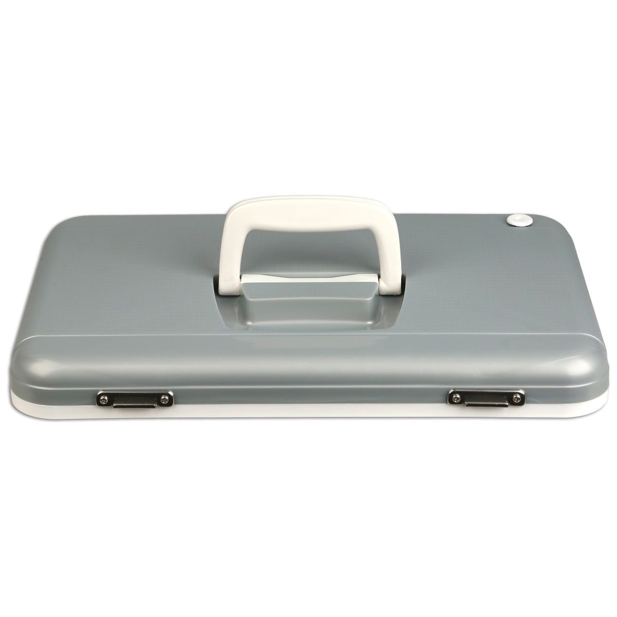 The Engel Coolers Live Bait Drybox/Cooler features a closed, rectangular gray and white design, top handle, front metal latches, and is compatible with Engel Live Bait Drybox/Cooler Lids for secure storage.