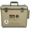 A tan Engel Coolers 19Qt Live bait Pro Cooler with AP3 Rechargeable Aerator & Stainless Hardware on a white background.