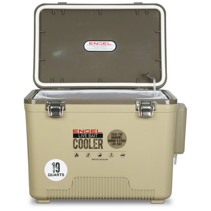 A tan Engel Coolers 19Qt Live Bait Pro Cooler with AP3 Rechargeable Aerator & Stainless Hardware on a white background.