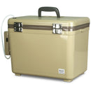 A tan Engel Coolers 19Qt Live Bait Pro cooler with a handle on it, featuring a rechargeable aerator for the bait storage system.