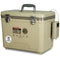 A tan Engel Coolers 19Qt Live bait Pro Cooler with AP3 Rechargeable Aerator & Stainless Hardware with a lid on it.